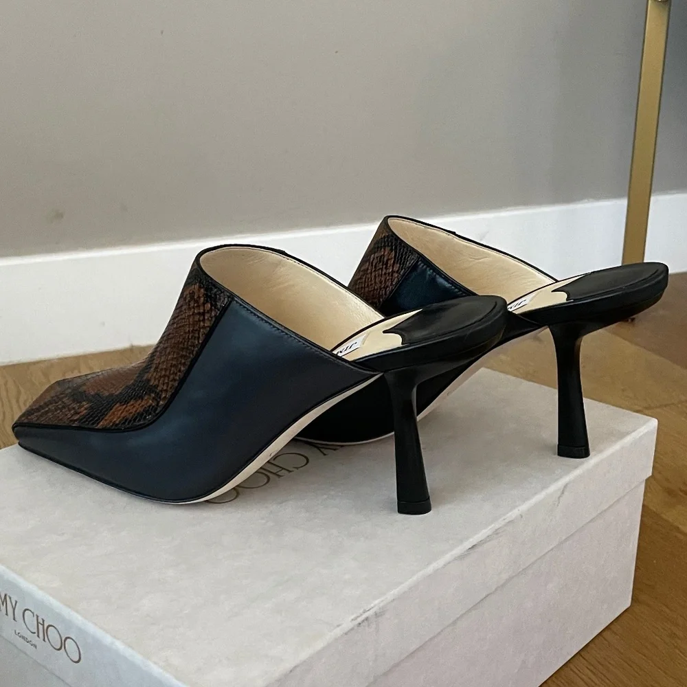 Jimmy Choo Marcel 85mm Snake Effect Leather Square-Toe Mules (Black Tan) - Picture 10 of 15